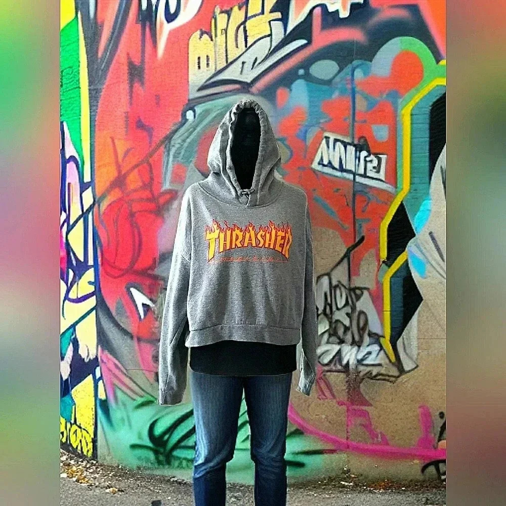 Vintage Thrasher Hoodie Flame Graphic Design Retro Skater